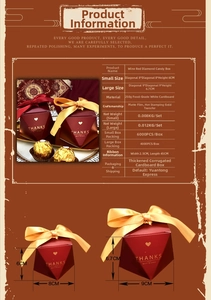 Macro detail of wine red diamond-shaped candy boxes with gold stamping and size specs