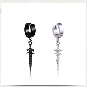 Detail of gothic sword drop earrings in black and silver polished stainless steel