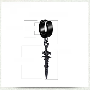 Detail dimension chart for black stainless steel punk sword drop earring with measurements
