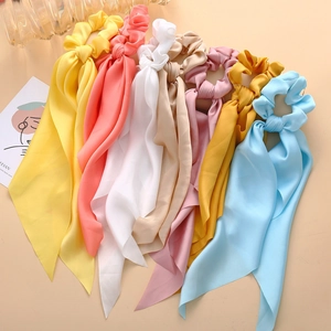 Elegant satin hair scrunchies with long ribbons in seven assorted pastel colors