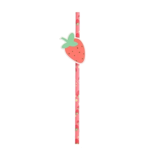 Pink strawberry and flower pattern paper straw with a cute 3D cartoon topper