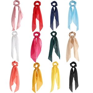 Set of 12 colorful satin bow hair scrunchies with long ribbons on white background