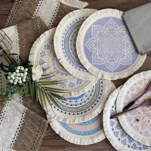 Mandala cotton linen round placemats with tassels on dark wooden table