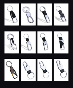 Detailed selection of silver metal and black leather keychain styles with diverse motifs