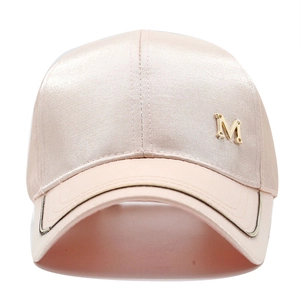 Pale pink satin baseball cap with metallic M logo and elegant silk-like pearl texture