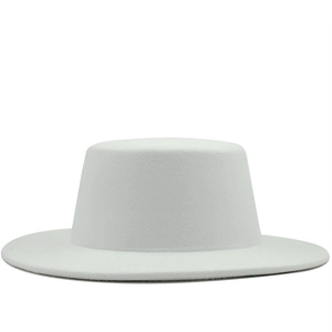 Elegant white flat top wool felt fedora hat for women in a minimalist classic style