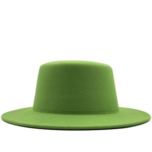 Classic grass green wool felt boater hat with flat top and wide brim for autumn and winter