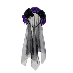 Detailed view of Gothic black mesh veil headband with five dark purple roses for Halloween