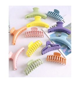 Flat lay of colorful candy-colored hair claws in various sizes on a white background