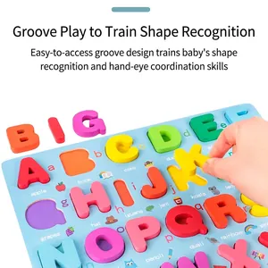 Educational wooden alphabet puzzle board with colorful 3D capital letters and illustrations