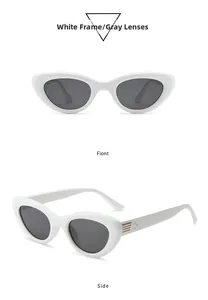 Front and side views of stylish white cat eye sunglasses with grey lenses and metal details