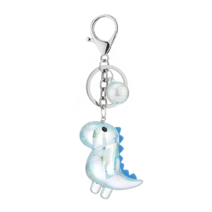 Iridescent acrylic dinosaur keychain with glitter ball charm and silver metal ring