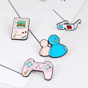 Retro pink game console and 3D glasses enamel pins for vintage gaming enthusiasts