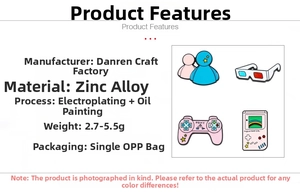 Detail of zinc alloy enamel pins featuring a pink game controller and 3D glasses