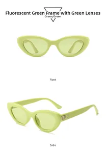Detailed front and side view of neon green cat eye sunglasses with metal rivet accents