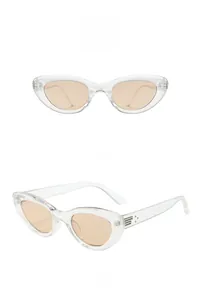 Detailed views of transparent cat-eye sunglasses with gradient brown lenses from two angles