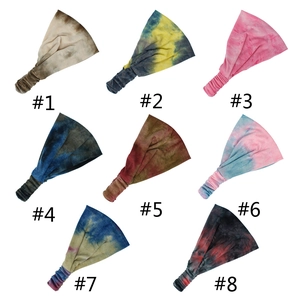 Detailed grid of eight elastic tie-dye yoga headbands in various bohemian patterns