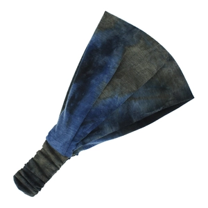 Detailed view of elastic wide yoga headband with blue tie-dye knitted texture