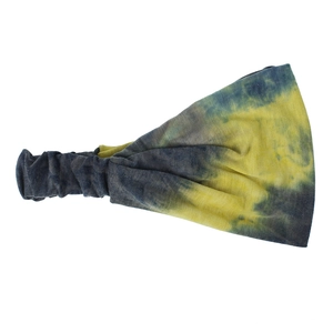 Elastic tie-dye yoga headband for women featuring yellow, blue, and grey athletic design