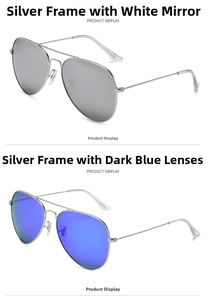 Detail shot of aviator sunglasses with silver mirrored and deep blue lenses in metal frames