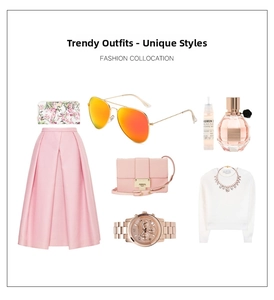 Fashion set with gradient aviator sunglasses, pink handbag and luxury watch accessories
