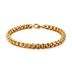 Men Bold Box Chain Bracelet 316L Stainless Steel High Polished Geometric Link Jewelry Hip Hop Style With Lobster Clasp