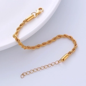 Polished 4mm gold titanium steel twisted rope chain bracelet with lobster clasp
