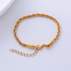 Golden 4mm titanium steel twist rope chain bracelet with adjustable lobster clasp