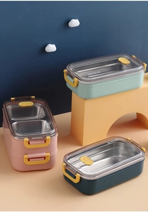 Three-color stack of stainless steel bento boxes in pink, blue, and green with clear lids