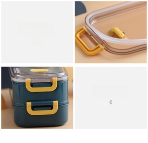 Detail view of the yellow sealing buckles and white silicone ring for double-layer lunch box