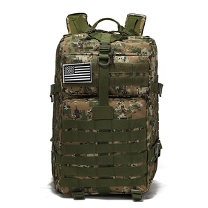 Tactical camouflage backpack detail with Molle system and American flag velcro patch