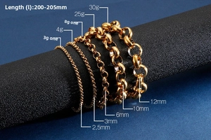 Size chart showing five golden stainless steel O-chain bracelets in different widths