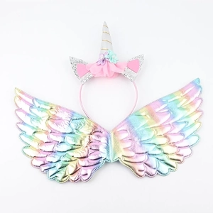 Unicorn Rainbow Wings And Headband Metallic PU Leather Sequin Kids Girls Birthday Party Cosplay Costume Performance