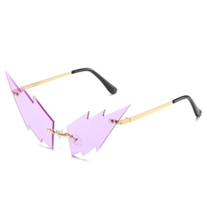 Detailed close-up of rimless purple lightning shaped lenses with gold metal temples