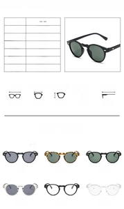 Detailed size chart for retro small frame sunglasses with dimensions and frame materials