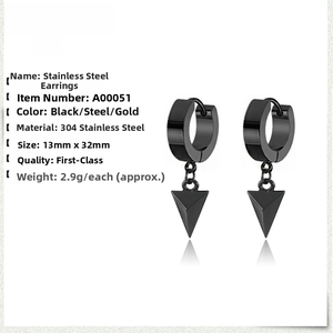 Detail showing dimensions and material of black 304 stainless steel triangle earrings
