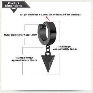 Detailed product size chart of black stainless steel earring with triangle pendant