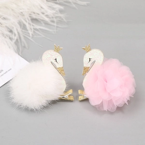 Kids swan hair clips set with white faux fur and pink tulle designs for girls
