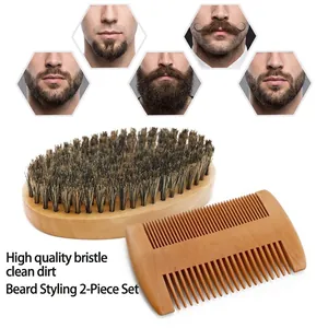 Beard Grooming Kit Wooden Boar Bristle Brush Double Sided Wood Comb For Men Face Hair Styling Natural Material Anti Static