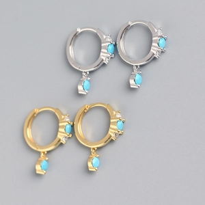 Bohemian 925 Sterling Silver Turquoise Hoop Earrings With Charms Cubic Zirconia Huggie Jewelry For Women