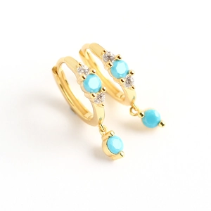 Bohemian S925 silver gold plated earrings with blue turquoise and zircon studs