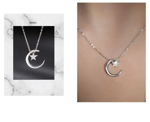 Macro detail and neck placement of a 925 sterling silver moon and star zircon necklace