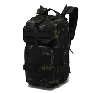Detail of military tactical 3P backpack showing Molle webbing and camo pattern