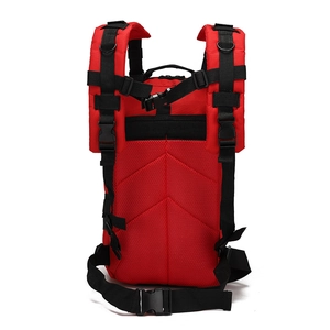 Rear view of red outdoor tactical backpack featuring breathable mesh back and padded straps