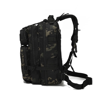 Side view of black camo tactical backpack featuring multi-layer zippers and compression straps