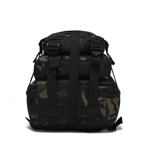 Close-up of shadow camo tactical bag with MOLLLE webbing system and durable buckles