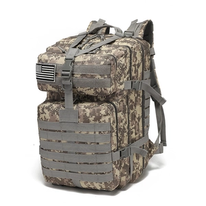 Detail of 3P tactical backpack with desert digital camo and MOLLE expansion system