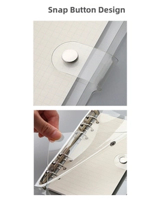 Detail of the snap button and metal loose-leaf binder on this clear PVC A5 notebook