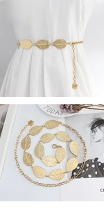 Detailed view of gold leaf waist chain with leaf width 2.6cm and adjustable lobster clasp