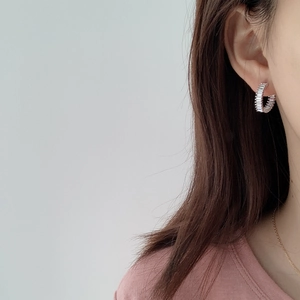 S925 sterling silver C-shaped hoop earrings with rectangular cubic zirconia stones